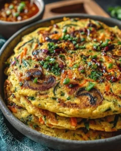 Chickpea Veggie & Mushroom Puda, a savory pancake dish rich in flavor and nutrients.