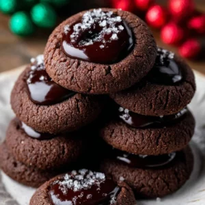 Freshly baked Chocolate Thumbprint Cookies filled with chocolate, placed on a rustic wooden table.