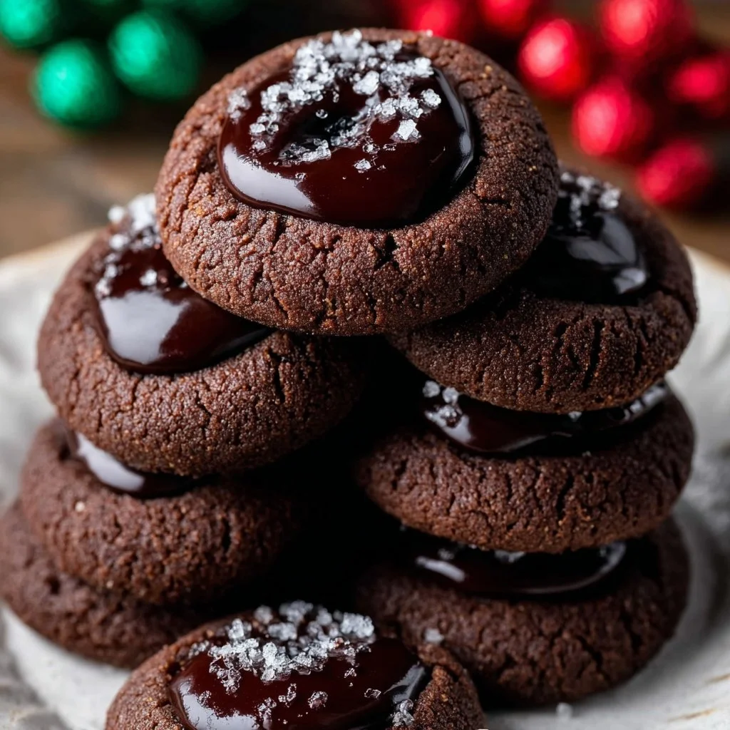 Freshly baked Chocolate Thumbprint Cookies filled with chocolate, placed on a rustic wooden table.