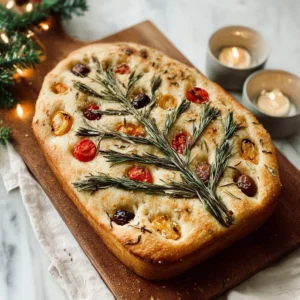 Homemade Christmas Tree Focaccia decorated with herbs and seasonal toppings.