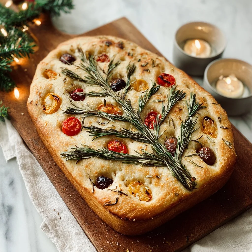 Homemade Christmas Tree Focaccia decorated with herbs and seasonal toppings.