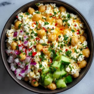 Cottage Cheese and Chickpea Salad in a colorful bowl, fresh ingredients.