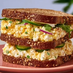 Cottage Cheese Creamy Egg Sandwich on a plate garnished with herbs.