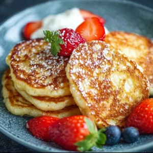 Fluffy cottage cheese pancakes stacked with syrup and fresh berries