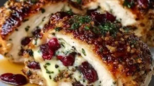 Cranberry Brie Stuffed Chicken garnished and ready to serve.