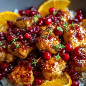 Cranberry Orange Chicken served on a plate garnished with fresh herbs