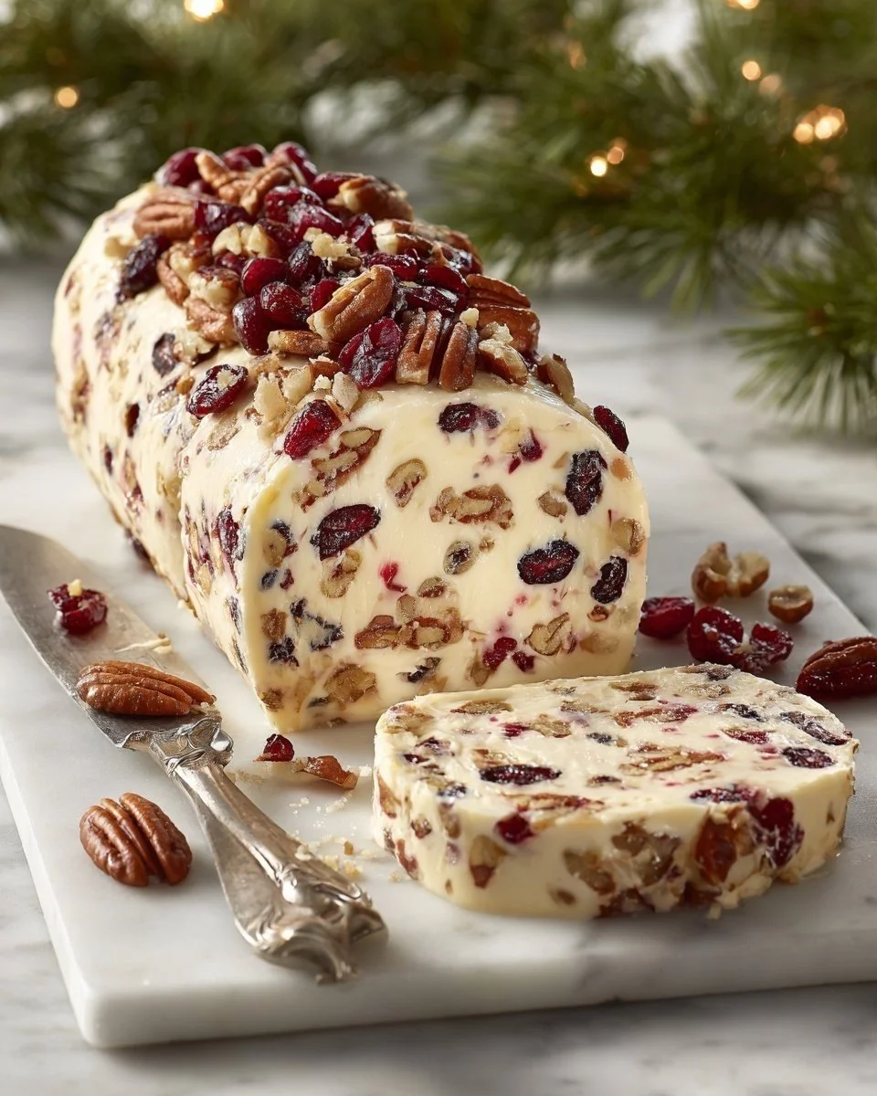 Cranberry pecan cheese log served on a wooden board with crackers