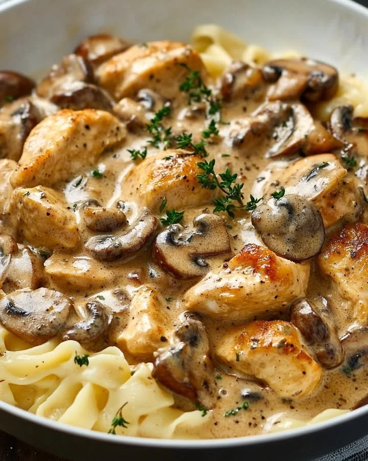 Creamy chicken and mushroom skillet dish served in a cast iron pan