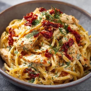 Creamy chicken spaghetti with sun-dried tomatoes and dill in a bowl