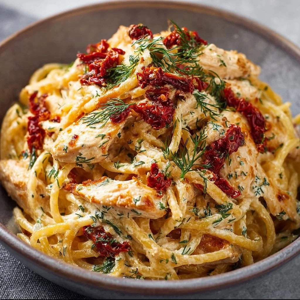 Creamy chicken spaghetti with sun-dried tomatoes and dill in a bowl