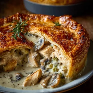 Creamy chicken mushroom and leek puff pastry pie on a rustic table.