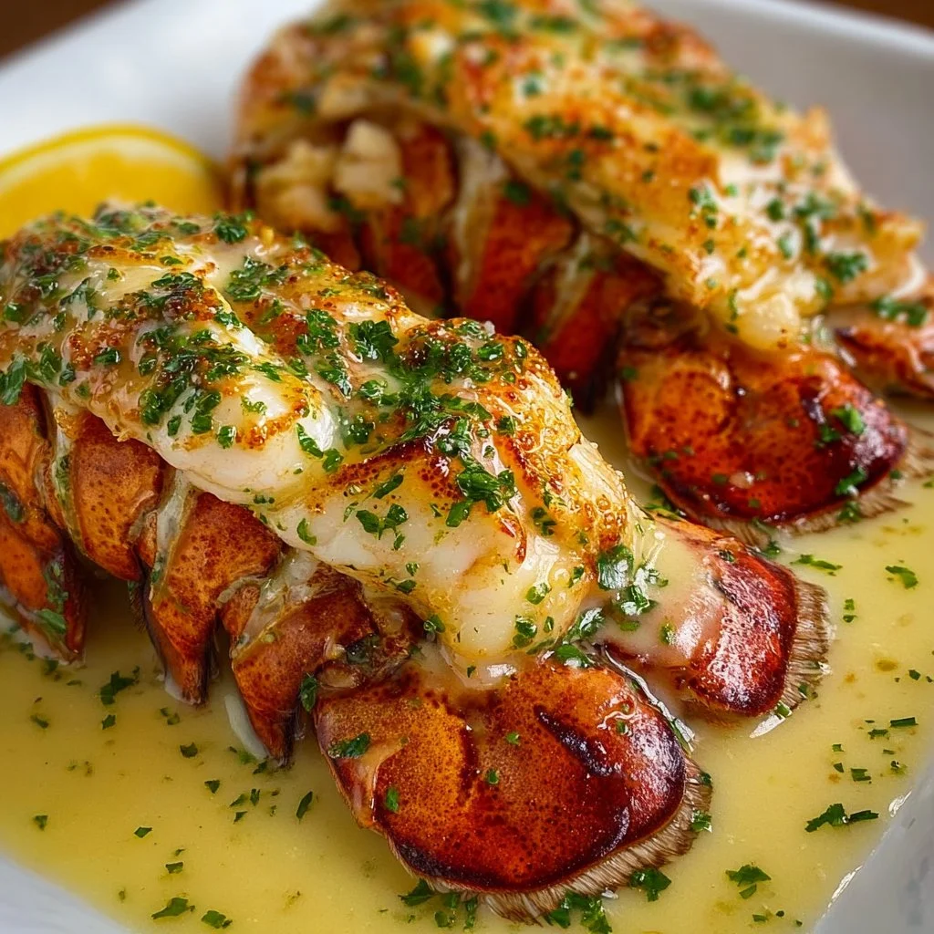 Creamy garlic butter lobster tails served on a plate with herbs