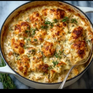 Delicious creamy low carb chicken casserole served in a baking dish