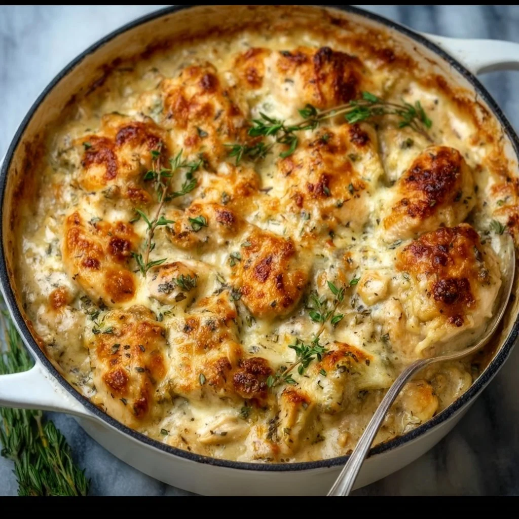 Delicious creamy low carb chicken casserole served in a baking dish