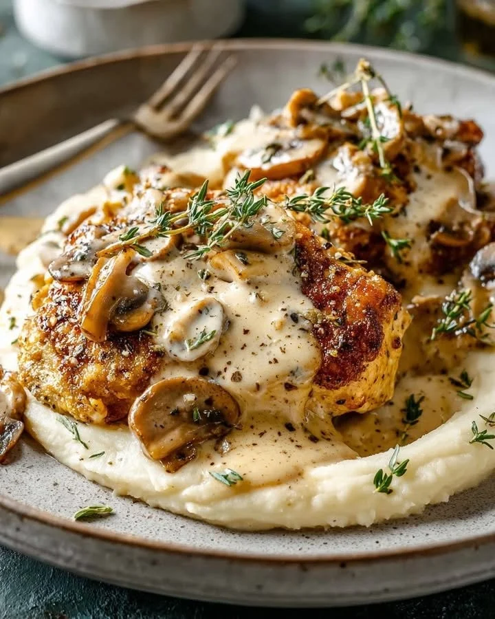 Creamy Mustard Chicken with Mushrooms and Cauliflower Purée