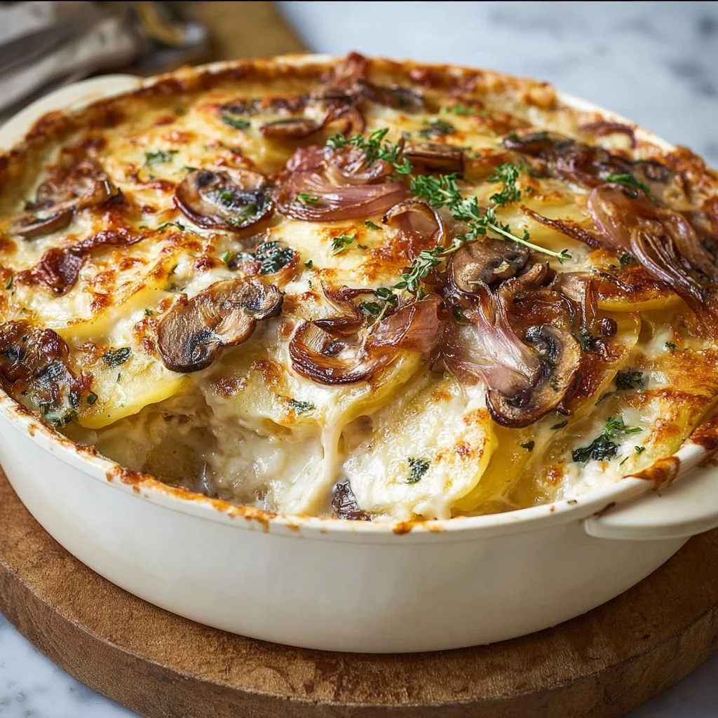 Creamy potato mushroom bake with brie and caramelized onions in a baking dish