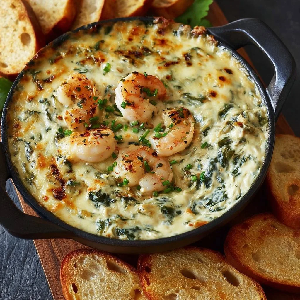 Delicious creamy seafood spinach dip served in a bowl with a garnish.