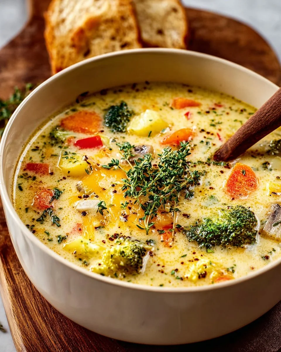 Bowl of creamy vegetable chowder topped with cheddar cheese and fresh herbs