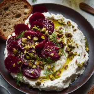 Creamy whipped feta topped with marinated beets and crunchy pistachios