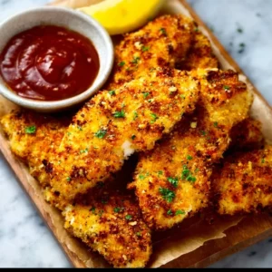 Plate of crispy baked chicken tenders served with dipping sauce
