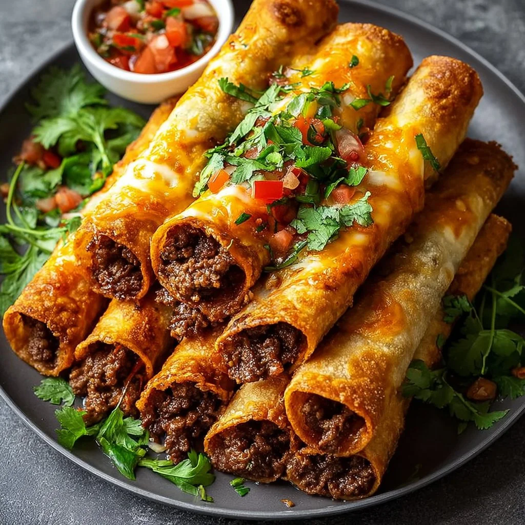 Crispy beef taquitos filled with melted cheese on a plate