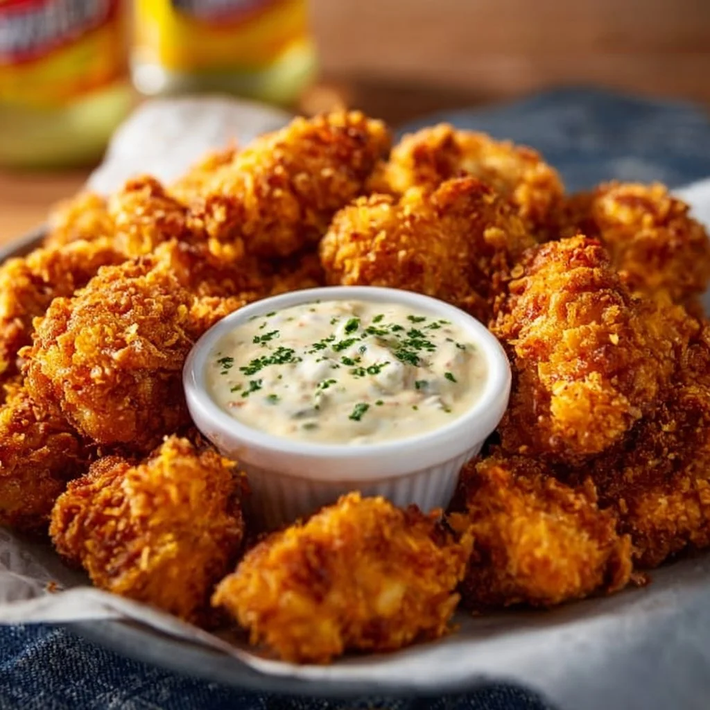 Crispy fried chicken tender bites with buffalo ranch dipping sauce