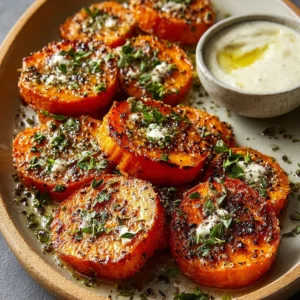 Plate of crispy herbed sweet potatoes with garlic lemon aioli dip