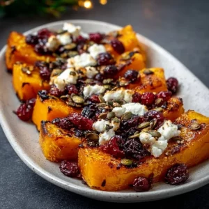 Crispy honey-roasted butternut squash with cranberries, feta cheese, and pumpkin seeds.