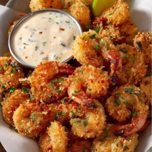 Crispy shrimp bites with mushrooms served with spicy ranch dip