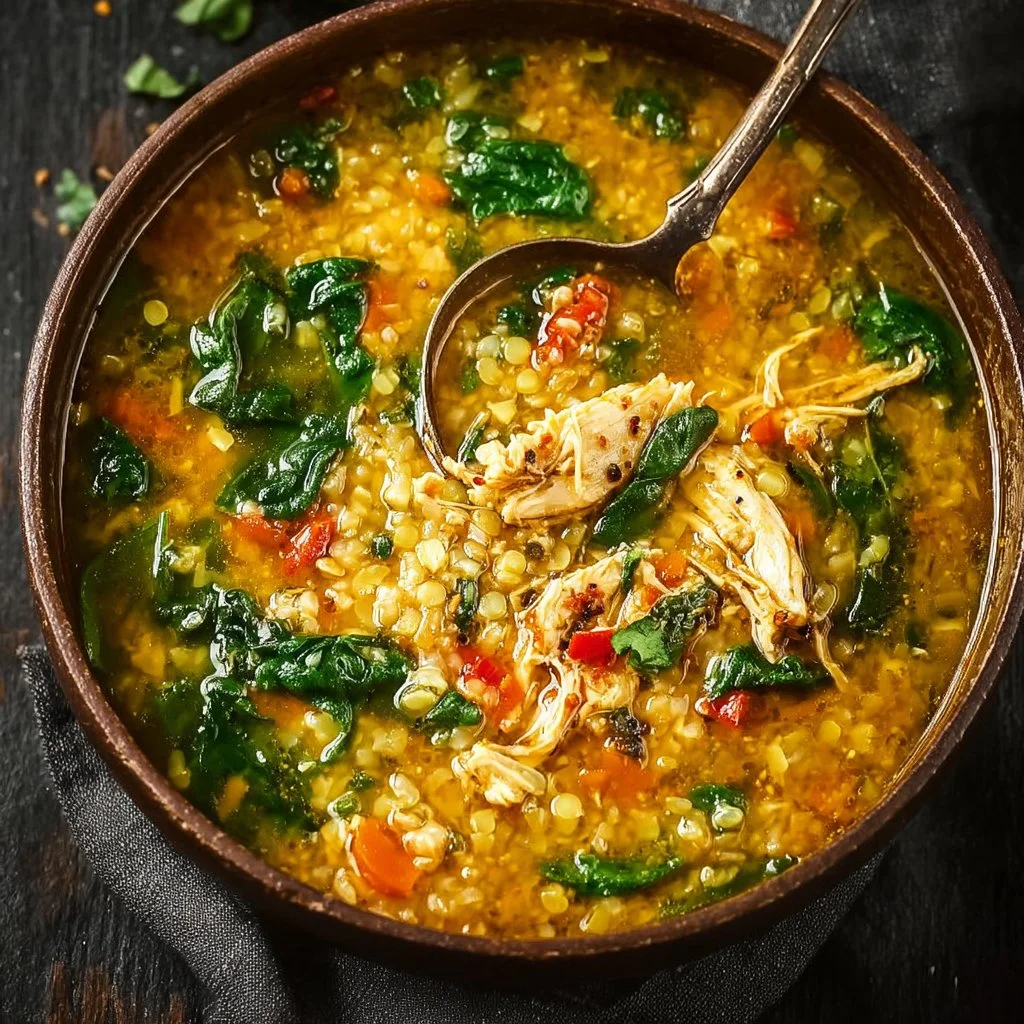 Bowl of curried chicken lentil and rice soup with spinach on a wooden table