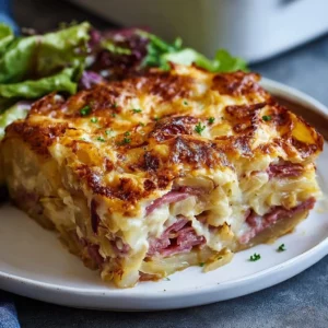A delicious Reuben casserole bake topped with cheese and sauerkraut.