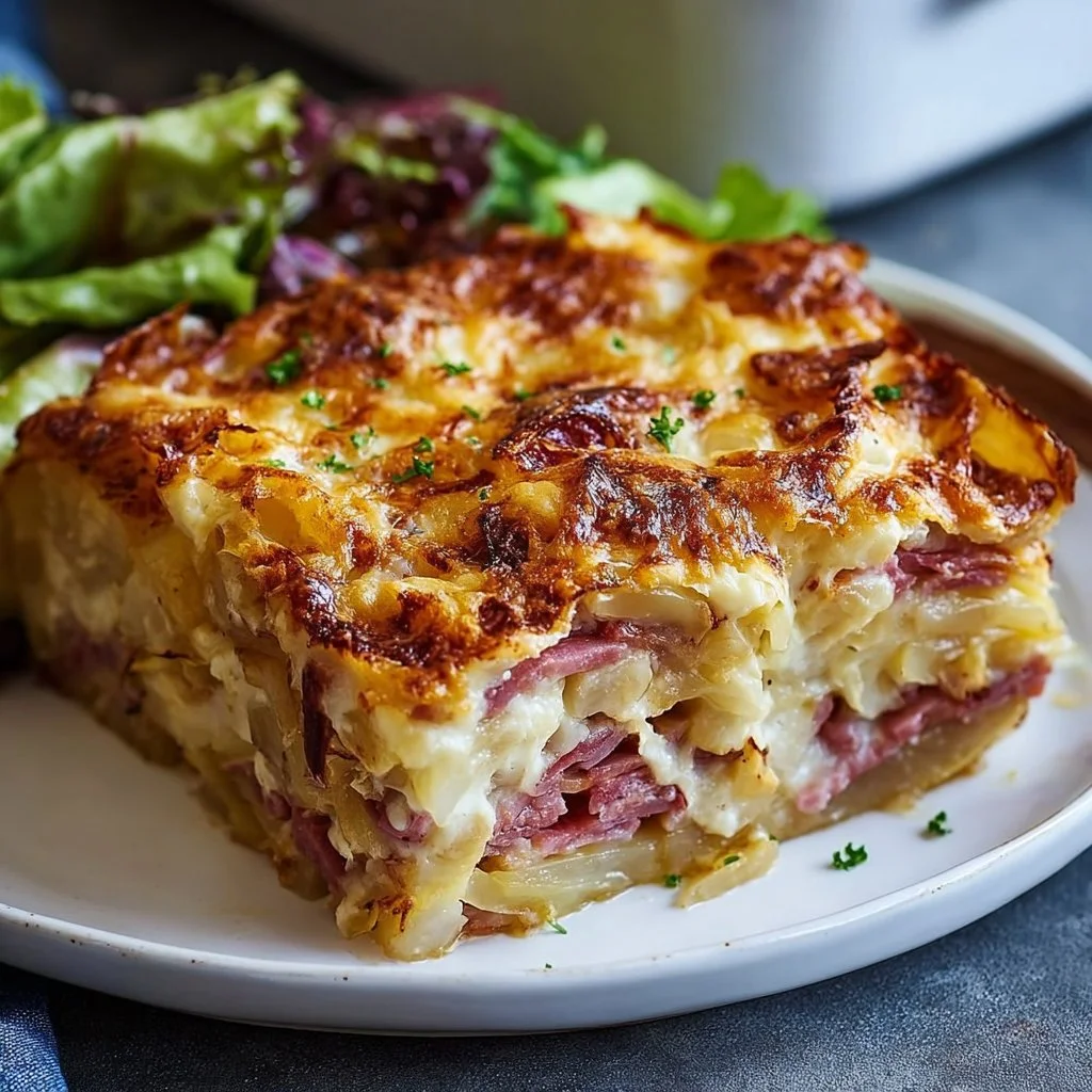 A delicious Reuben casserole bake topped with cheese and sauerkraut.