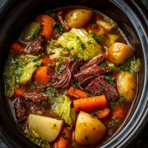 Slow cooker beef, potato, and cabbage dinner served in a bowl