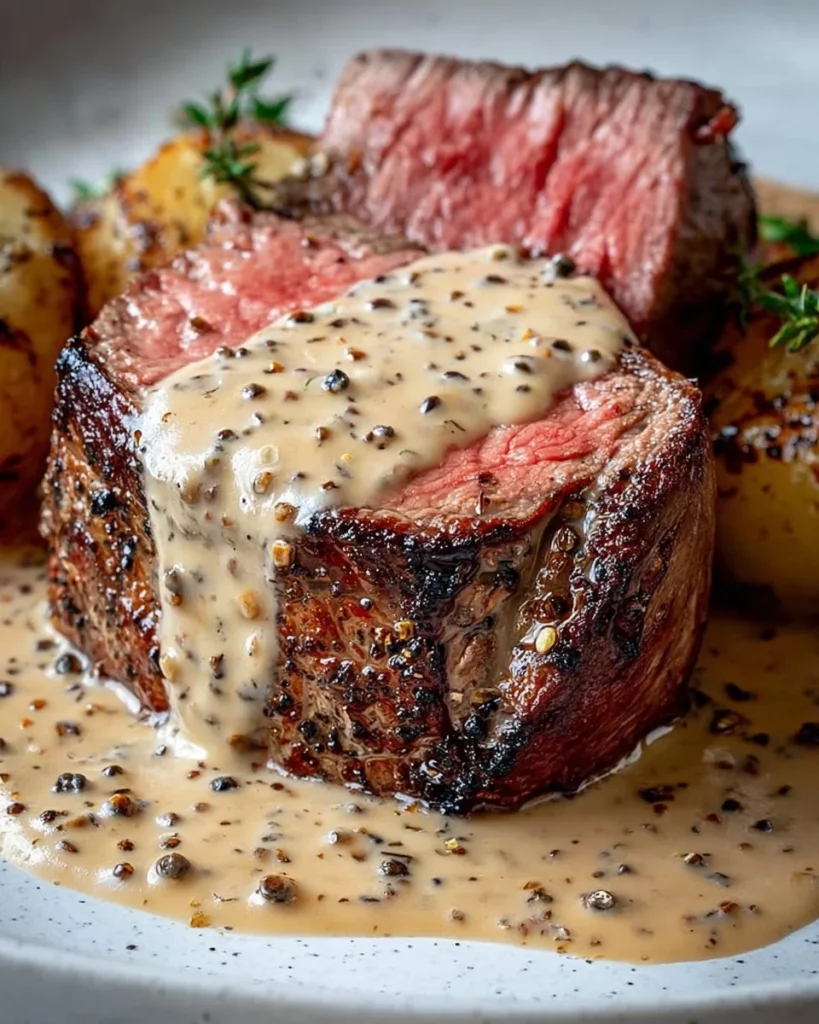 Elegant filet mignon served with creamy peppercorn sauce on a white plate