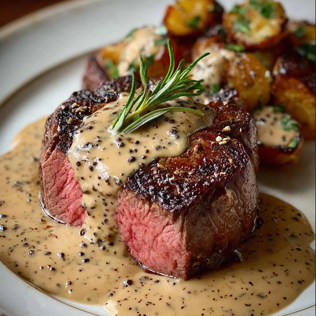 Elegant Filet Mignon served with creamy peppercorn sauce on a plate