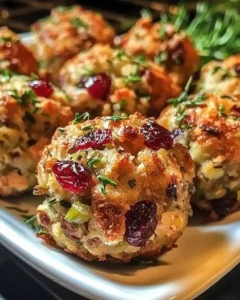 Delicious Cranberry Turkey Stuffing Balls on a festive plate