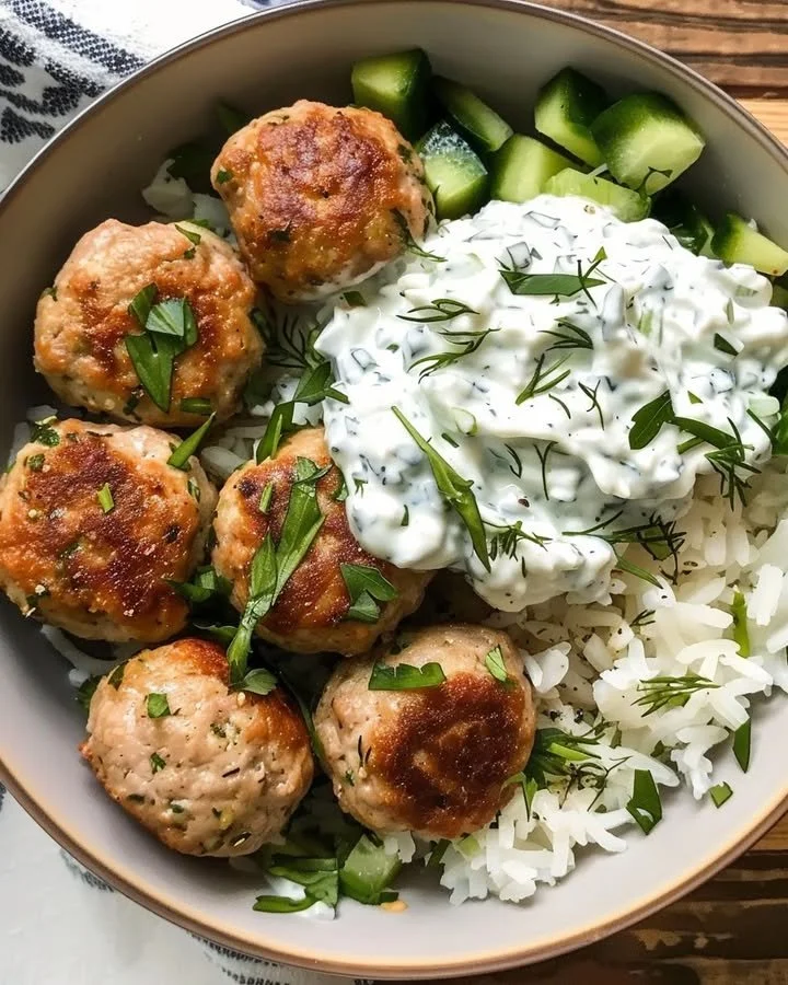 Delicious flavored Greek Chicken Meatballs with fresh tzatziki sauce