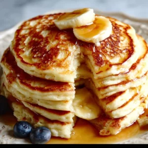 Flourless cottage cheese pancakes served with fresh fruit and syrup