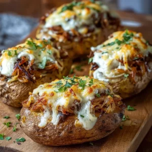Delicious French Onion and Mushroom Stuffed Baked Potatoes topped with cheese