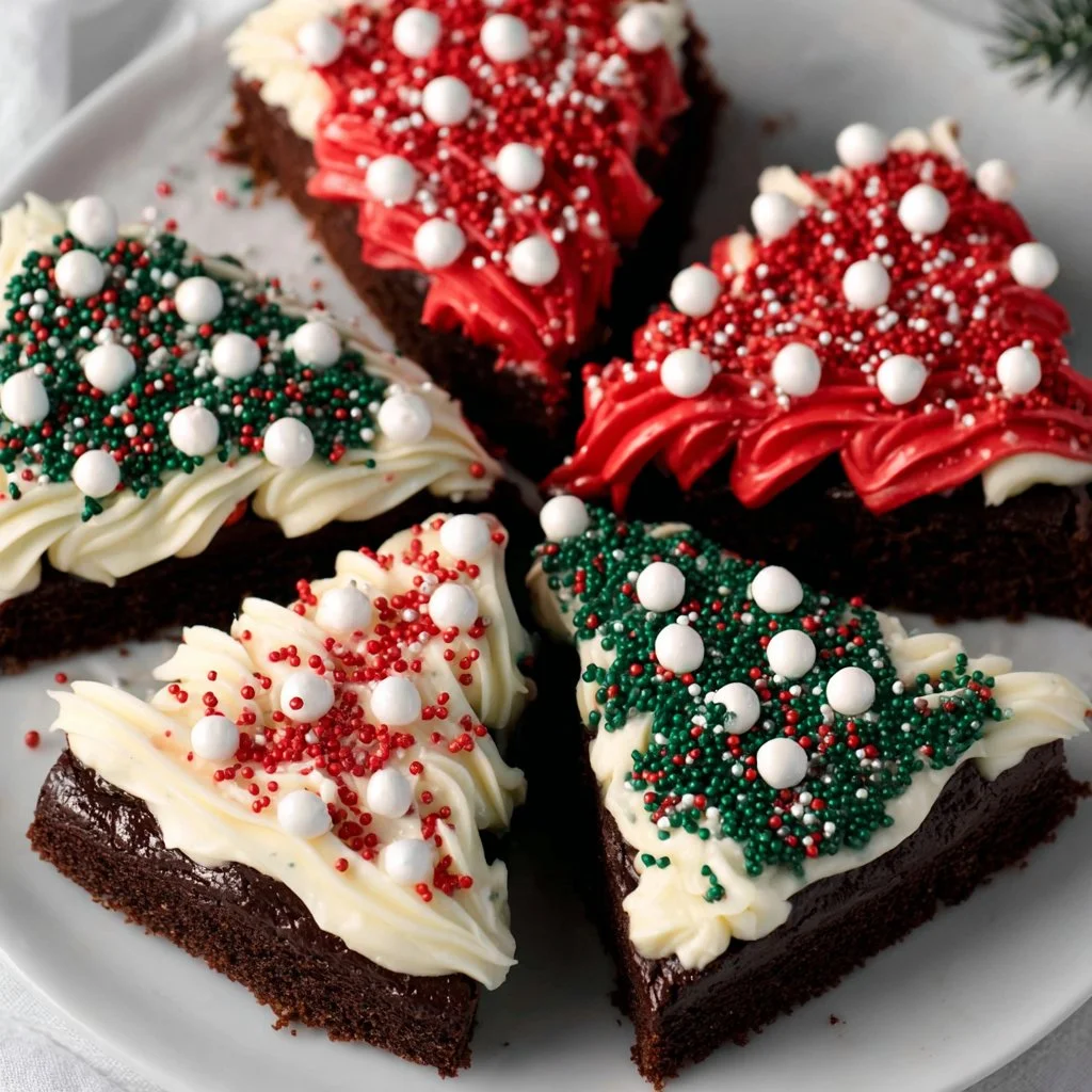 Frosted Christmas brownies decorated for holiday festivities
