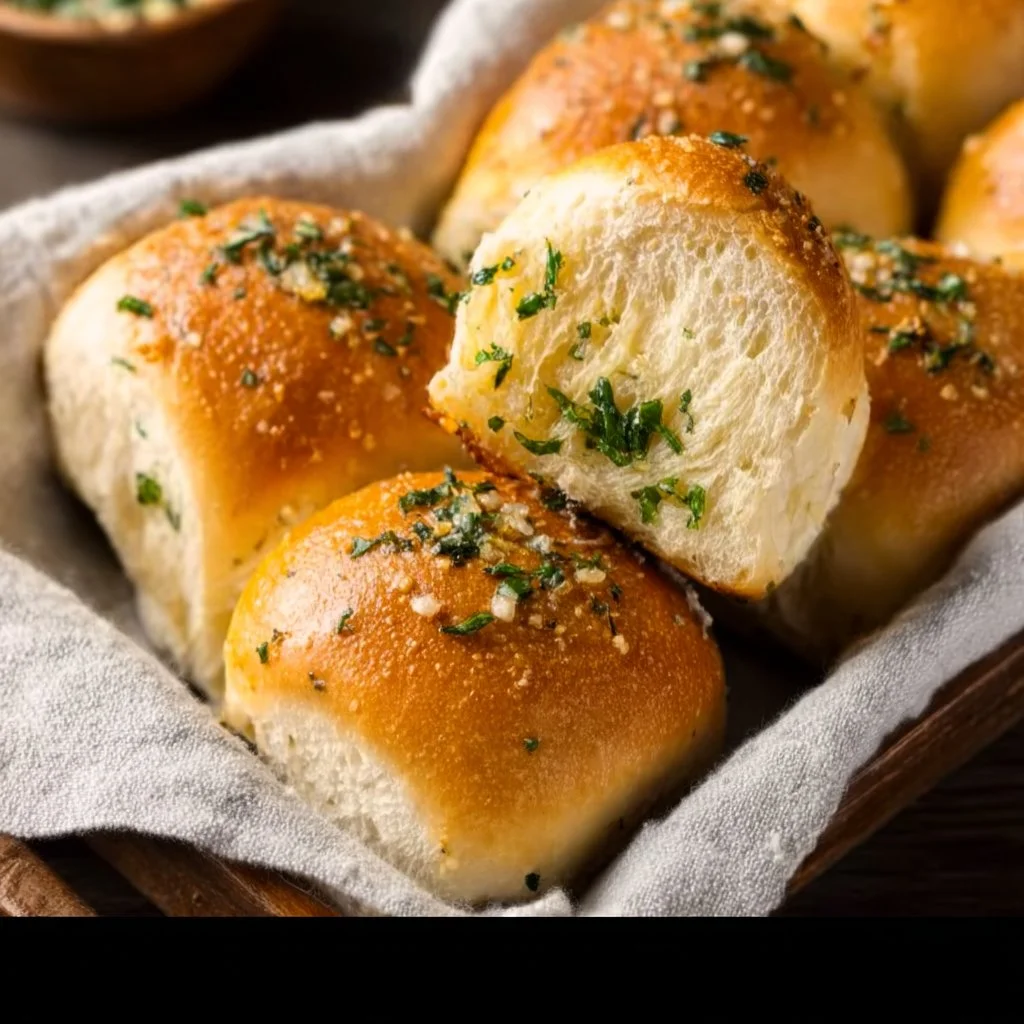 Freshly baked garlic bread rolls served on a wooden board.