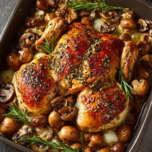 Delicious Garlic Herb Roasted Chicken with Mushrooms on a serving platter