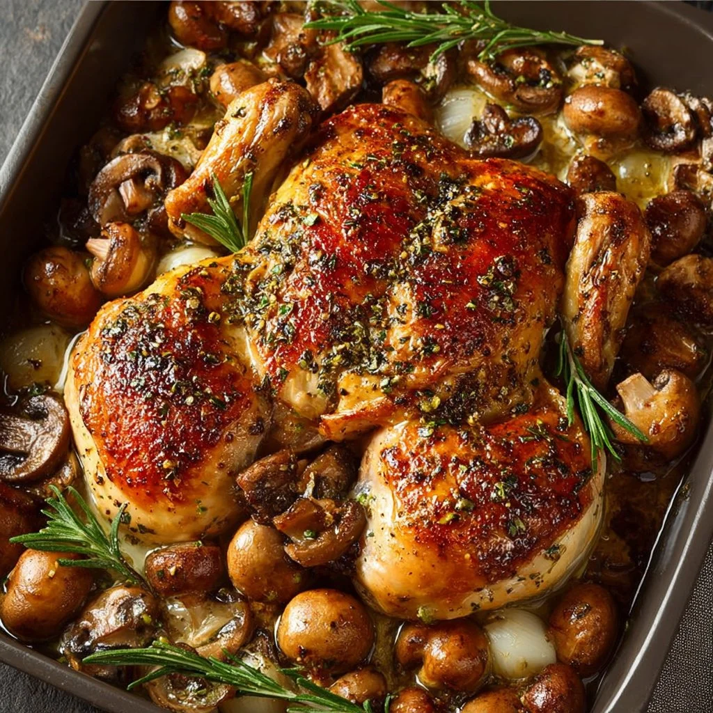 Delicious Garlic Herb Roasted Chicken with Mushrooms on a serving platter