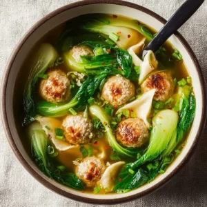 Ginger Chicken Soup with meatballs, baby bok choy, and wonton strips in a bowl