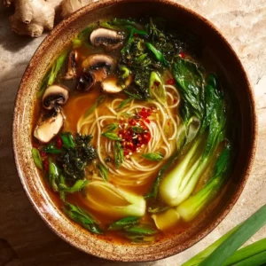 Bowl of ginger garlic noodle broth garnished with herbs and spices.