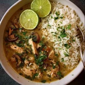 Ginger Lime Chicken with mushroom soup and cilantro rice dish