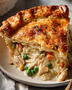 Golden chicken pot pie with a buttery crust, freshly baked and served hot.