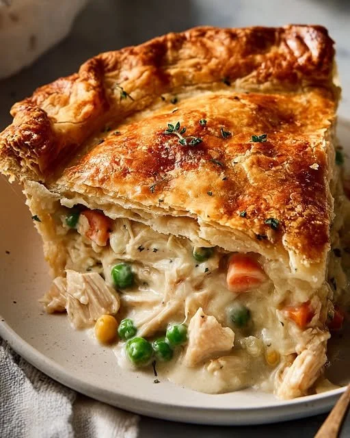 Golden chicken pot pie with a buttery crust, freshly baked and served hot.