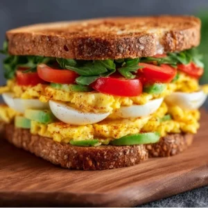 Healthy egg sandwich with whole grain bread and fresh vegetables