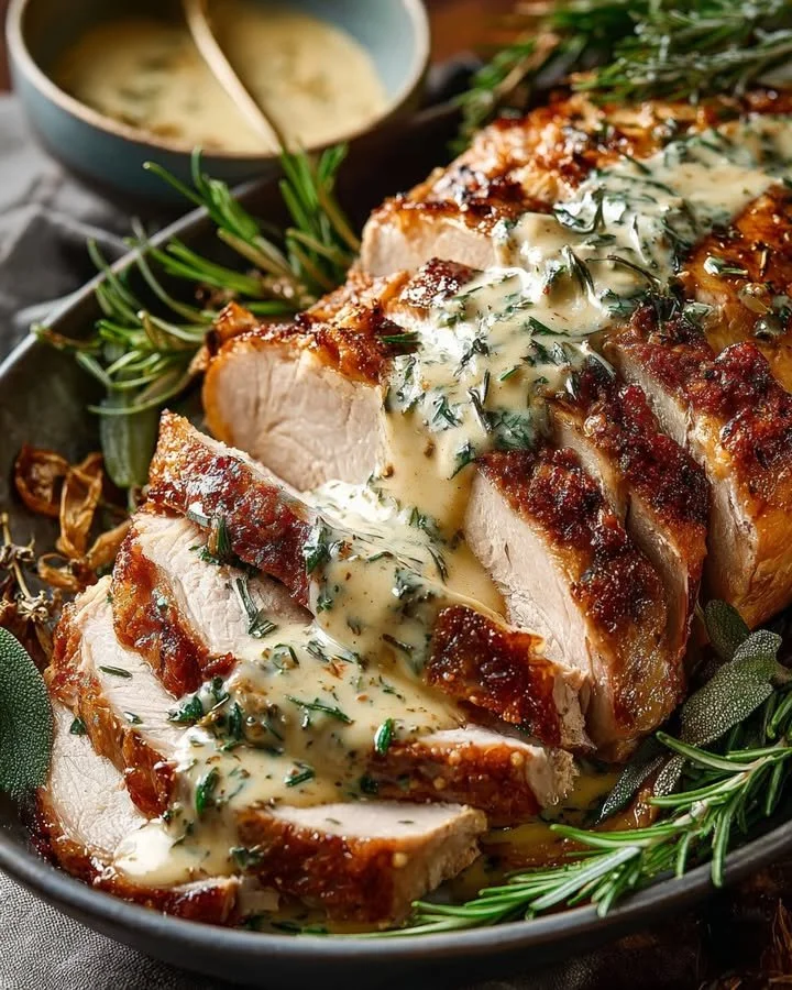 Herb-Roasted Turkey topped with Garlic Rosemary Cream Sauce on a festive table